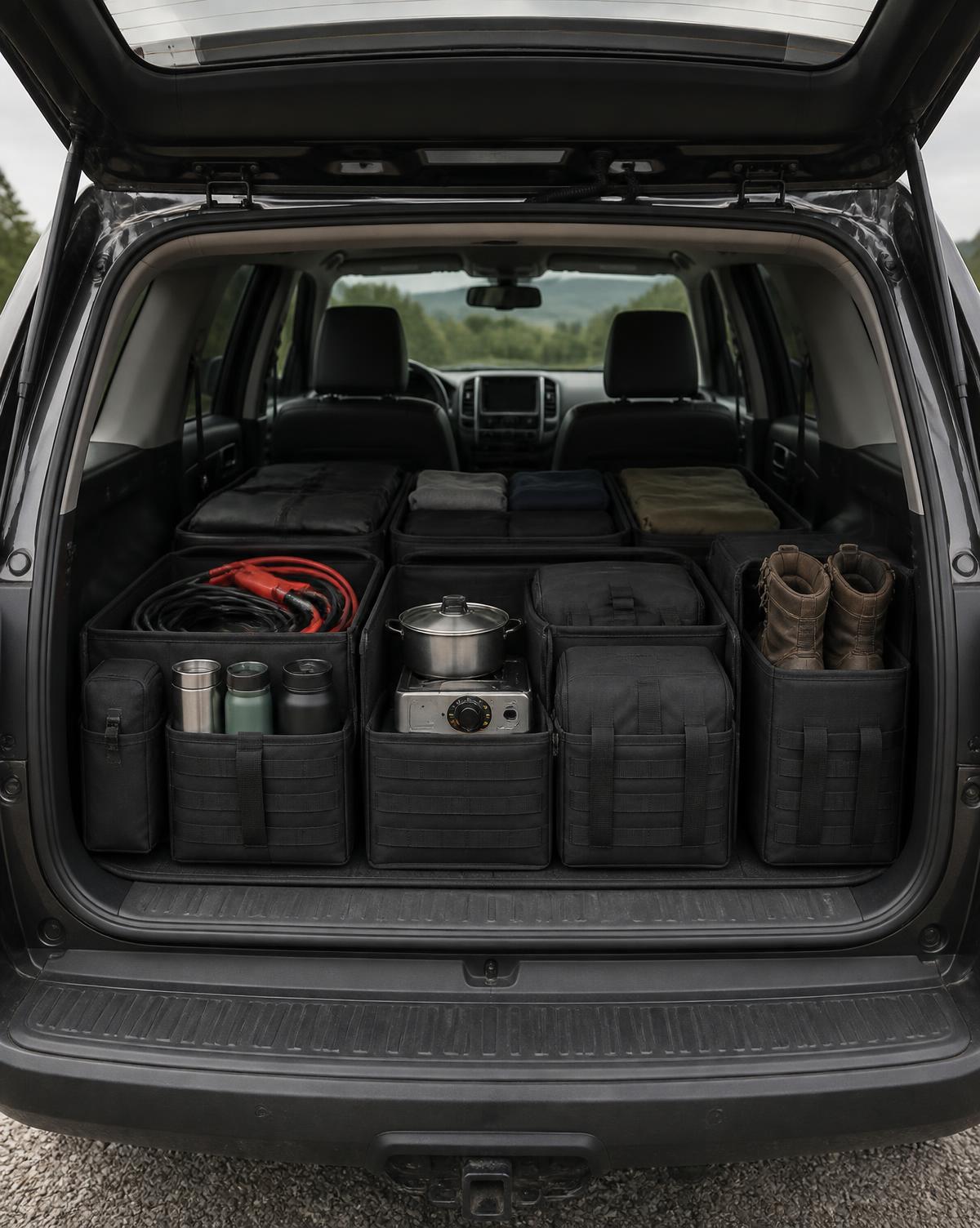 Organised SUV cargo area with black nylon compartments holding cookware and tools