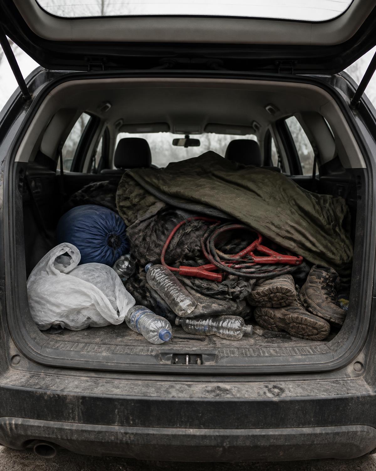 Disorganised SUV cargo area with loose bottles, cables and plastic bags in a pile