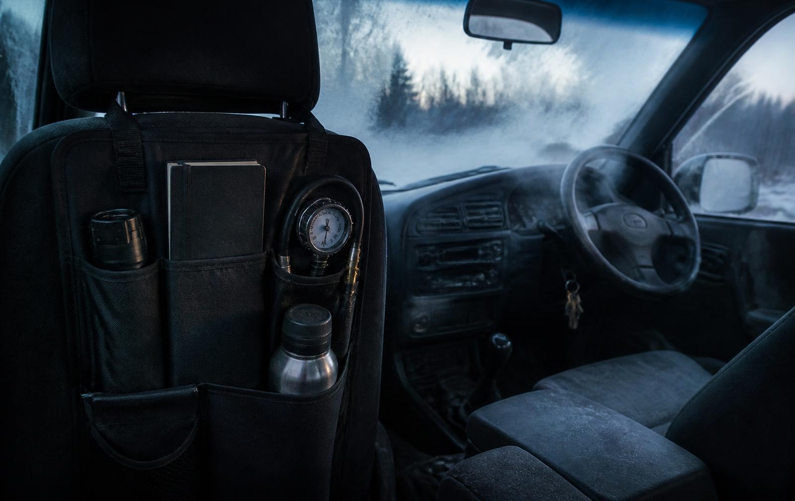 Pre-dawn truck cab interior with a black seat-back organiser holding a torch, notebook, tyre gauge and steel bottle