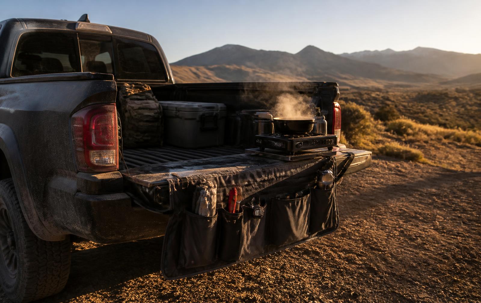 Pickup tailgate down at golden hour with a stove on the tailgate and a hanging black organiser holding utensils below it