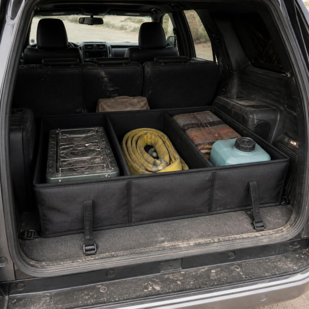 Matte black cargo divider system installed in an SUV boot creating four compartments