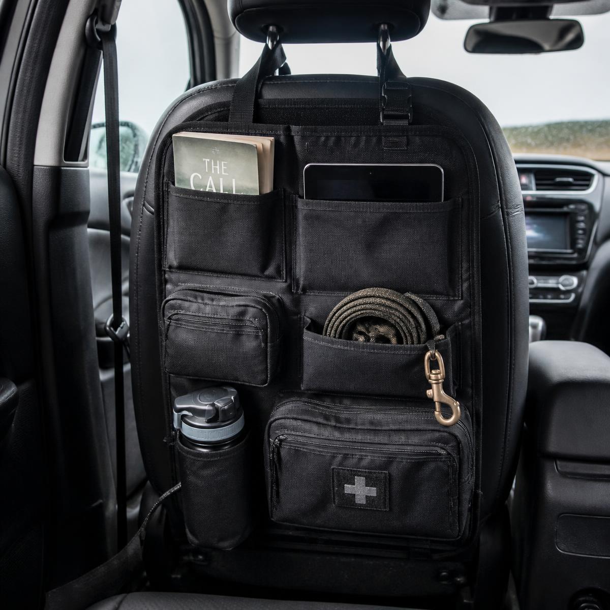 Matte black seat-back organiser strapped to a vehicle headrest holding a notebook and bottle
