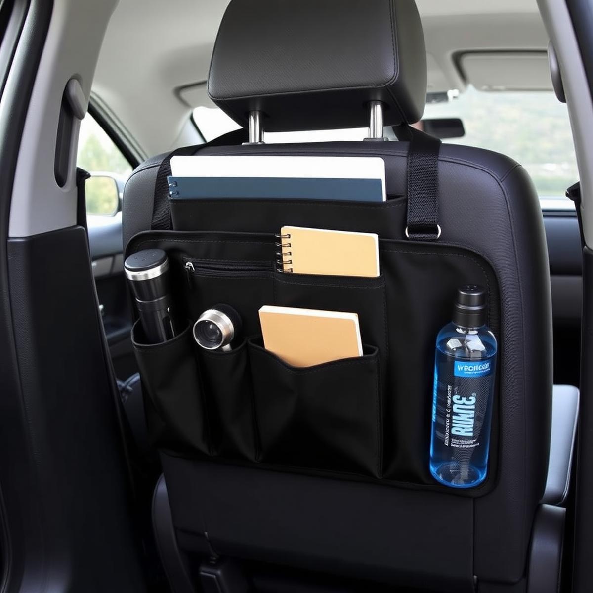 Matte black seat-back organiser strapped to a vehicle headrest holding a notebook and bottle