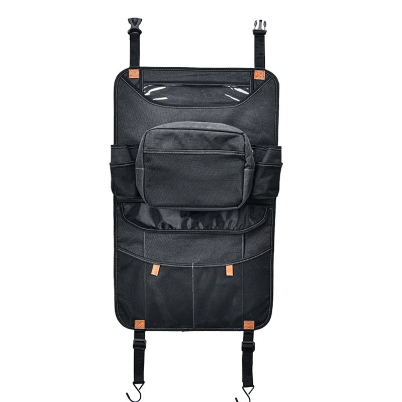 Black car seat back organiser panel with rows of pockets