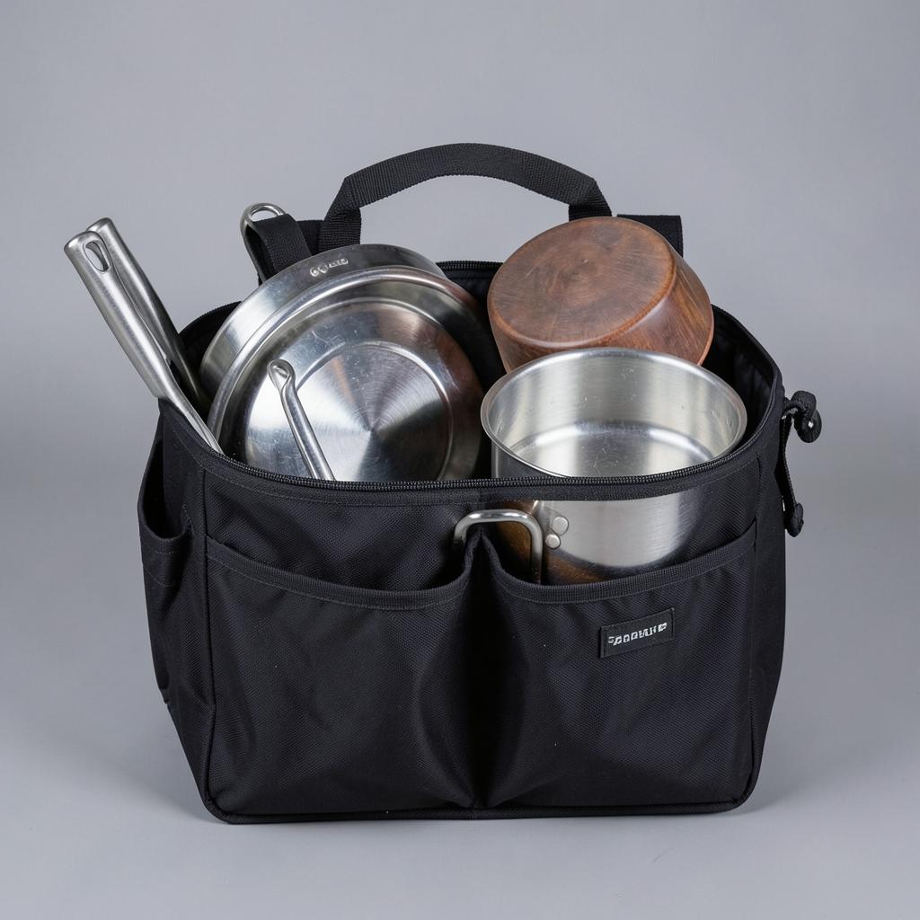 Black roll-top camp kitchen chuck bag holding cookware and utensils