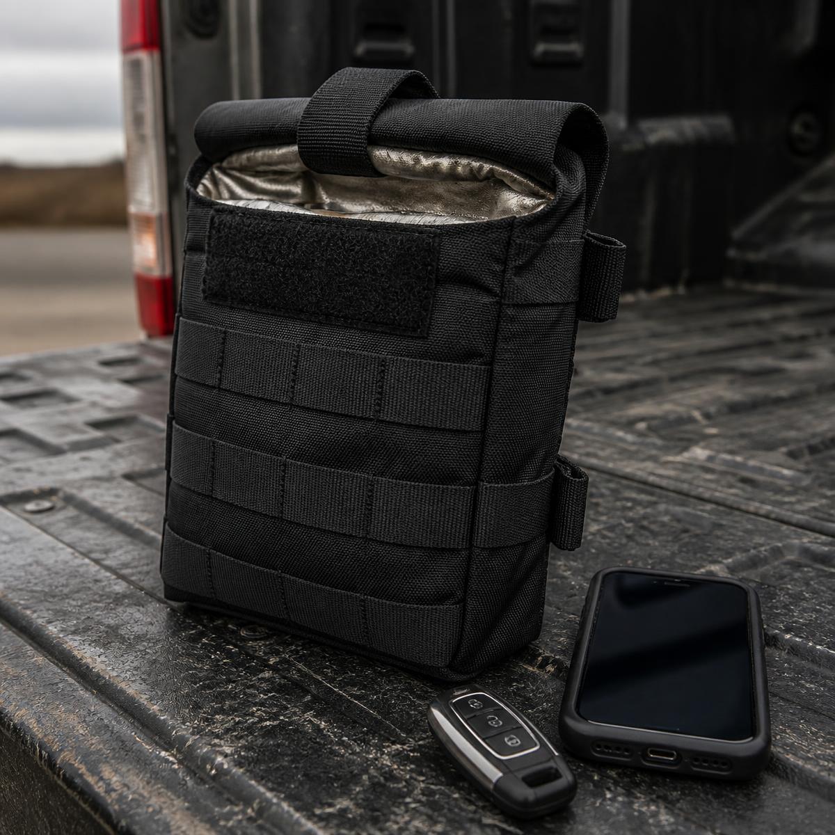 Rugged black tactical Faraday signal-blocking pouch with shielded lining open on a truck tailgate