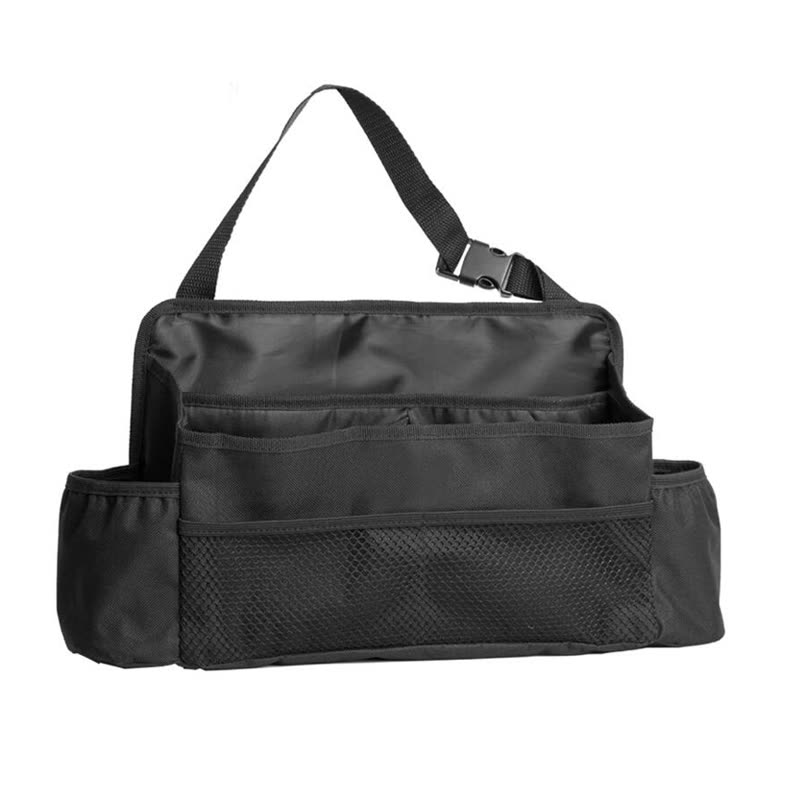 Black hanging car seat organiser with multiple stacked pockets