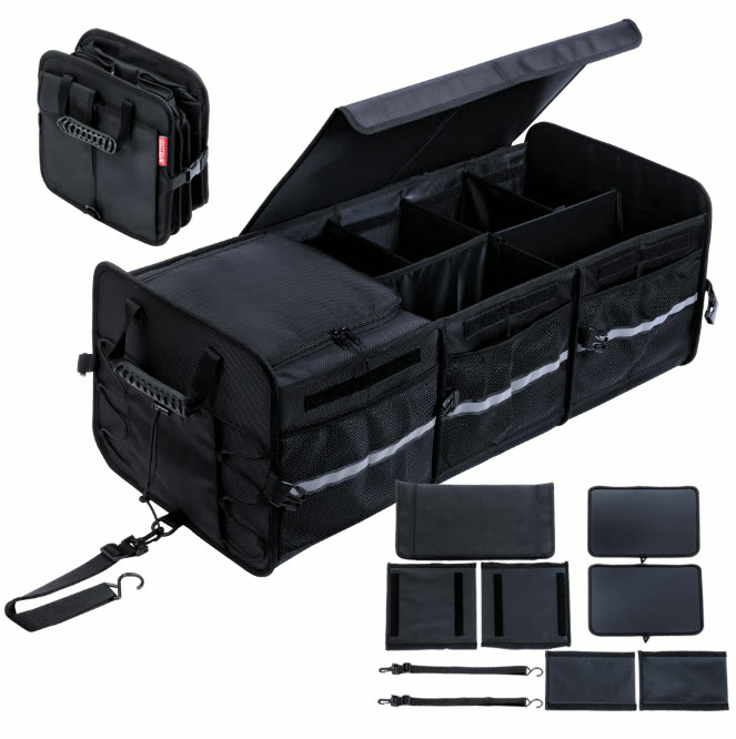 Heavy duty black jeep cargo storage organiser with built-in cooler bag