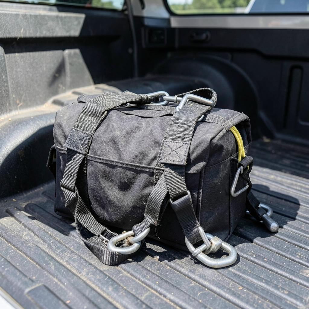 Rugged black recovery gear bag with tow straps and shackles on a truck tailgate