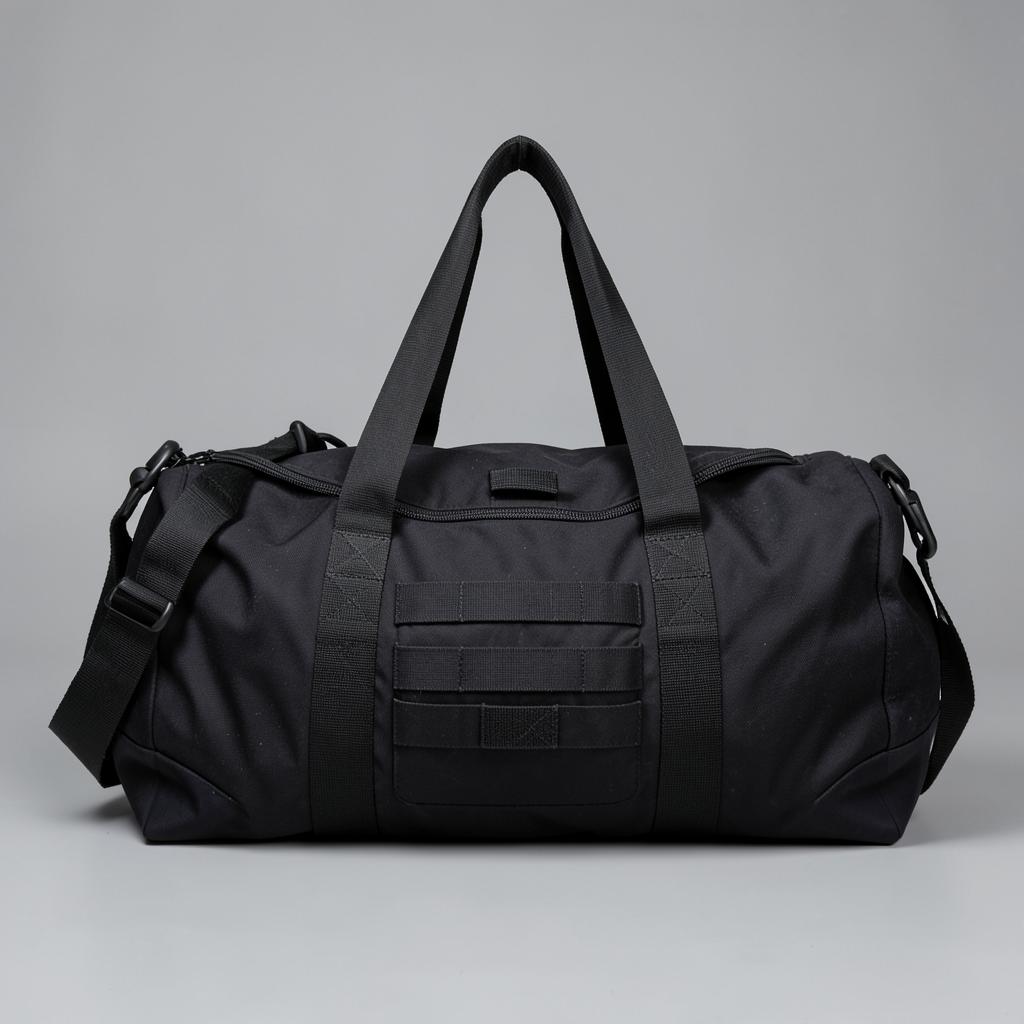 Large black heavy-duty tactical duffel bag with webbing handles