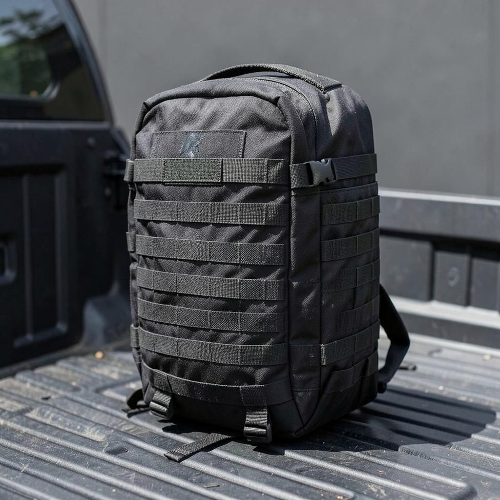 Rugged black 35L tactical MOLLE backpack on a truck tailgate
