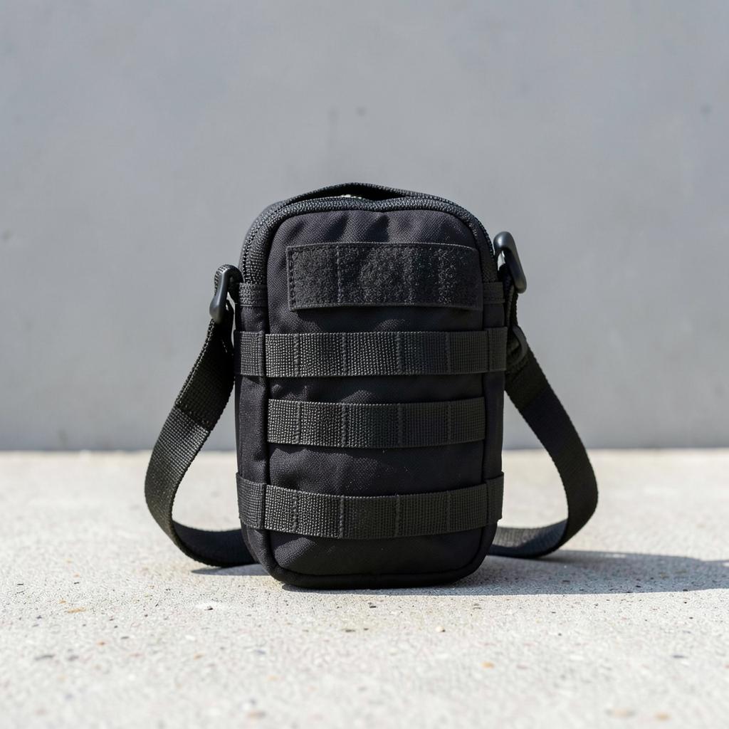 Compact black tactical sling bag with MOLLE webbing on concrete
